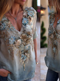 Bohemian Sky Blue Romantic Tie-dye Floral V-neck Short-sleeved Shirt