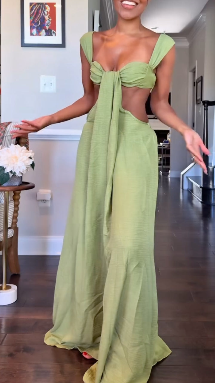 Cutout Tie‑Front Wide Leg Jumpsuit