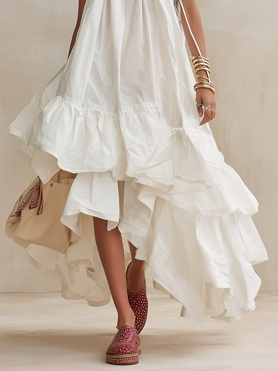 Romantic Coastal Cotton Layered-Ruffle Flowy White Maxi Dress