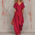 Elegant V-Neck Button-Up Jumpsuit Set with Wide-Leg Pants