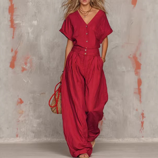 Elegant V-Neck Button-Up Jumpsuit Set with Wide-Leg Pants