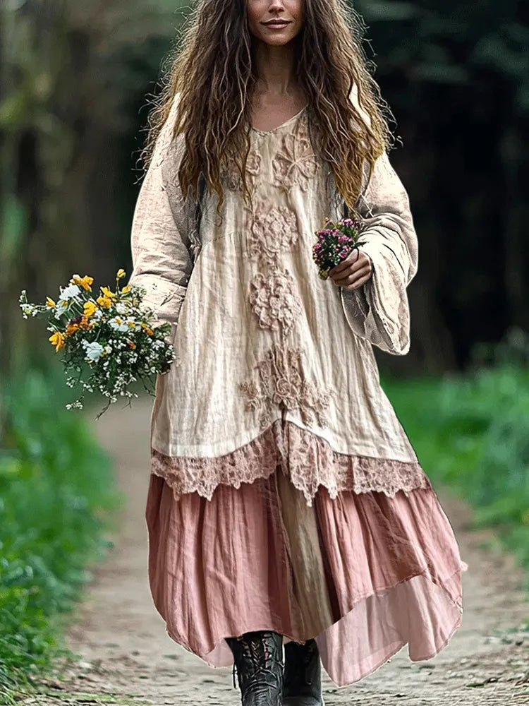 Bohemian Lace Patchwork Flowy Linen Dress