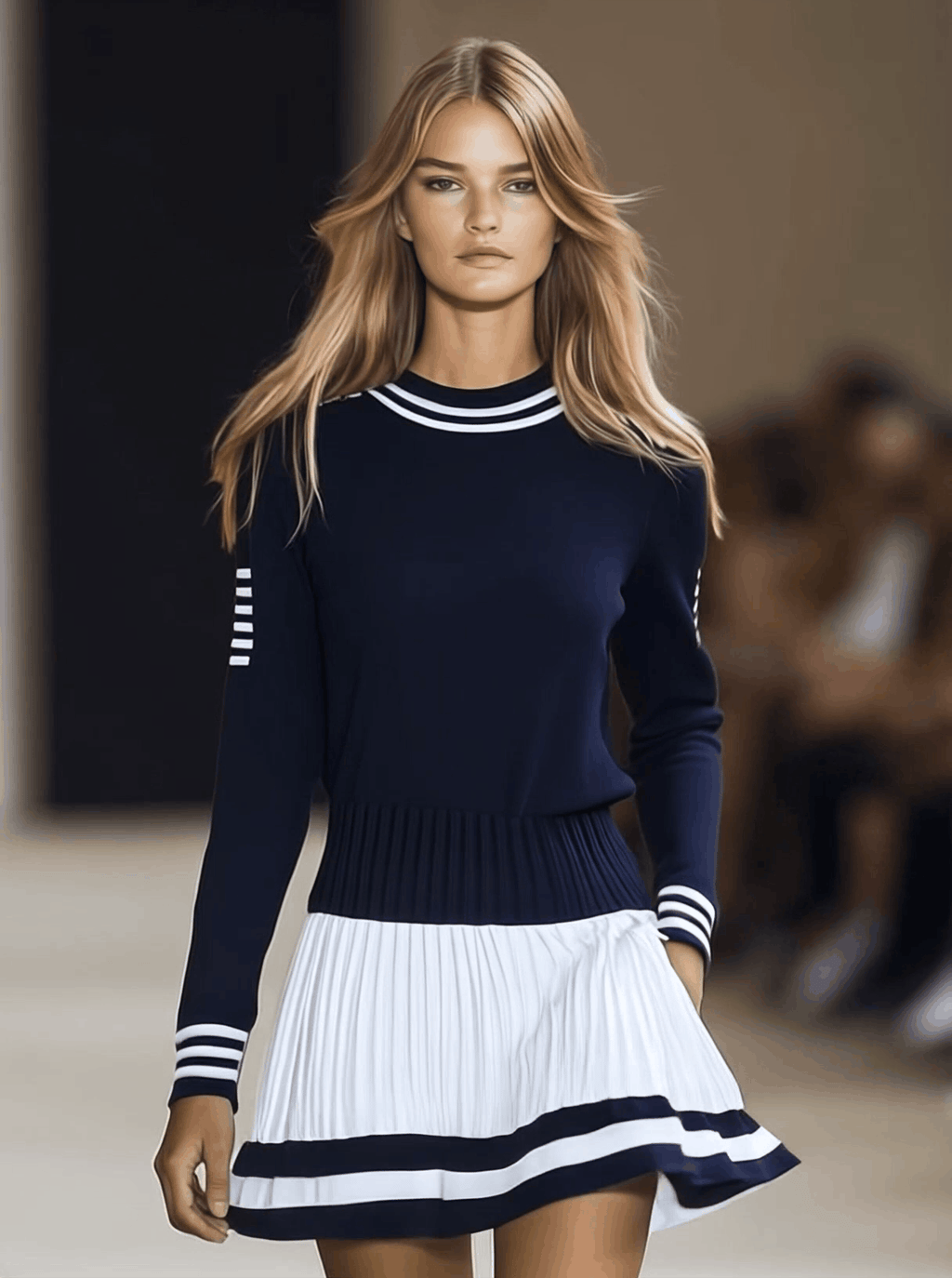 [24-hour shipping out]Fashionable Sports Style Round Neck Navy Blue and White Contrast Mini Dress