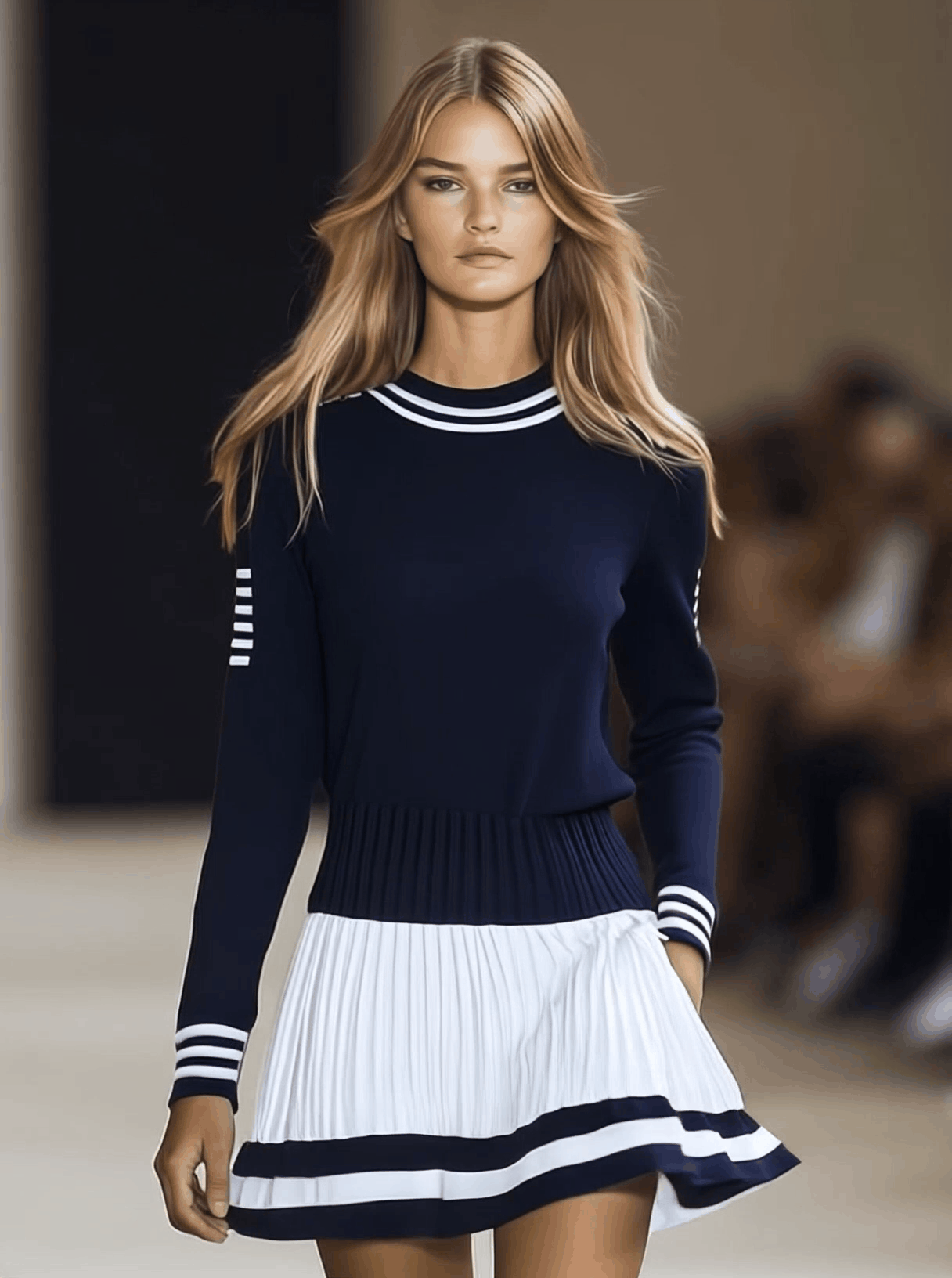 [24-hour shipping out]Fashionable Sports Style Round Neck Navy Blue and White Contrast Mini Dress