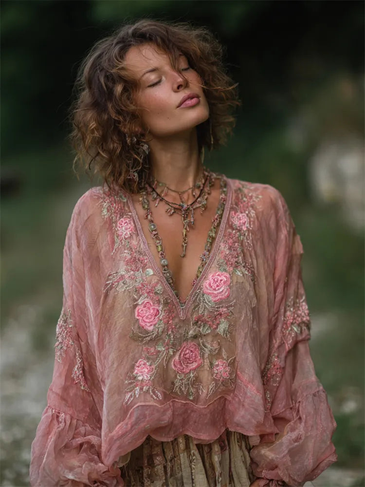 Vintage Boho Pink Roses Embroidered Flowy Linen Tunic