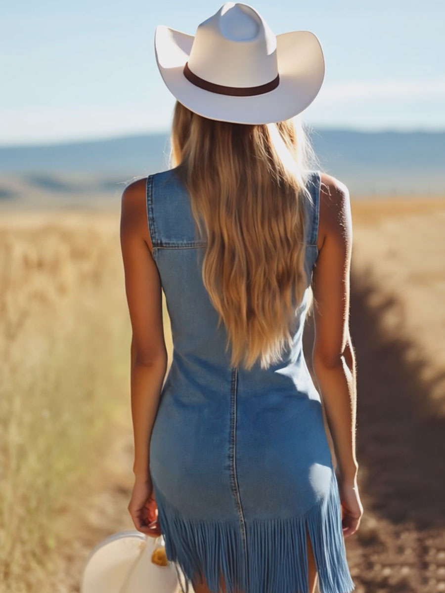 [24-hour shipping out]Casual Vintage Blue Denim V-Neck Tie Sleeveless Tassel Mini Dress