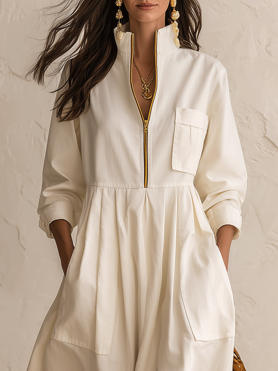 Women's Half-Zip Stand Collar Long Sleeve Pockets Maxi Dress