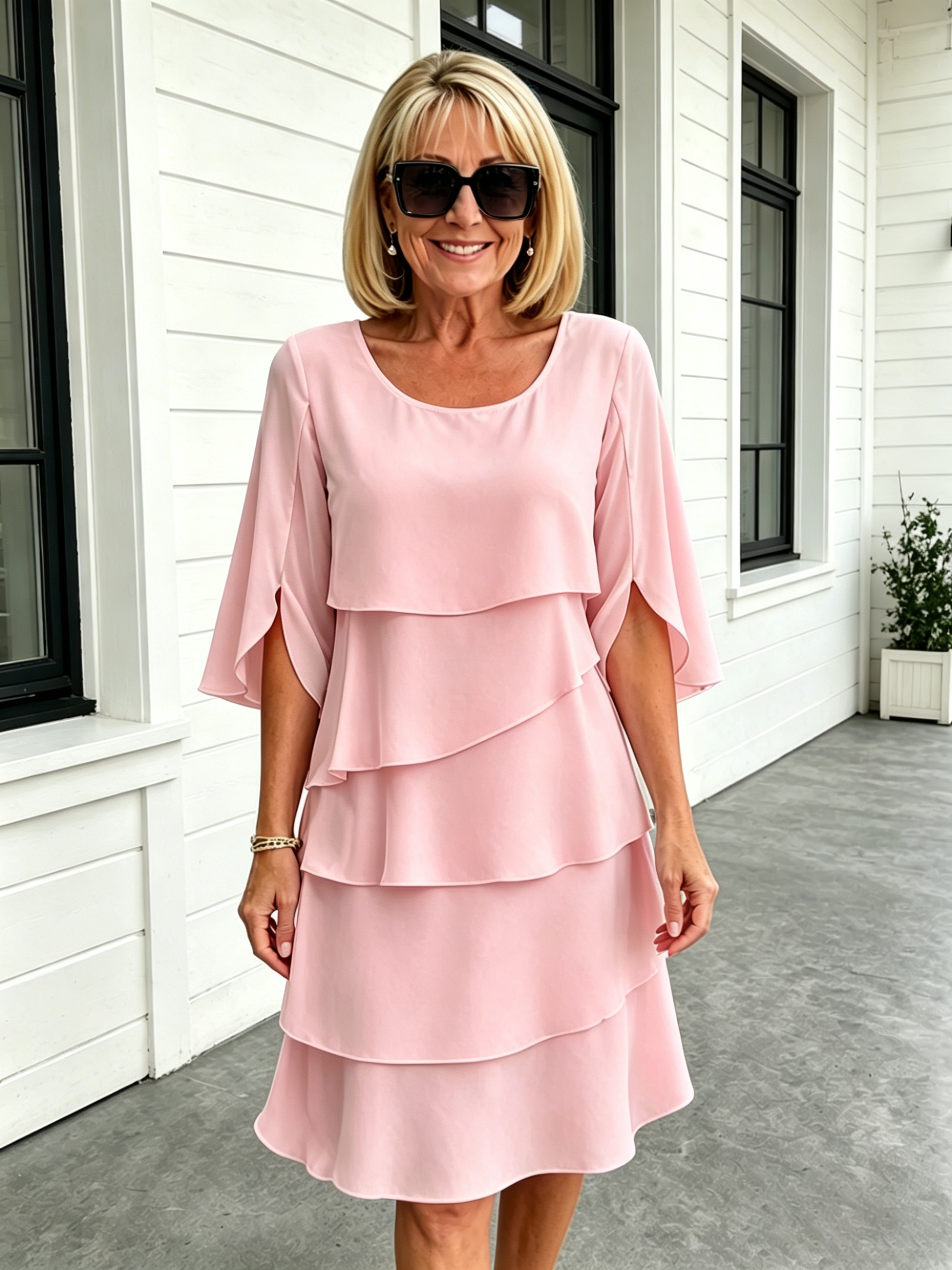 Fashion Solid Color Round Neck Cake Skirt Splicing Dress Women's Clothing