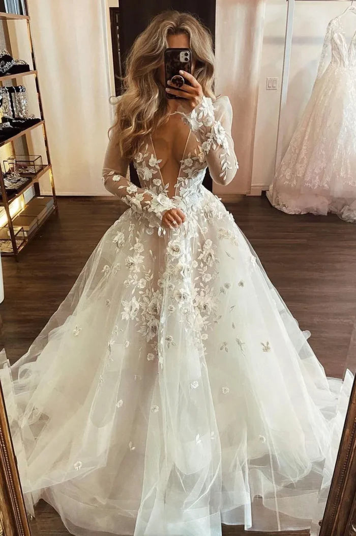 Long Sleeve Deep V Neck Tulle Wedding Dress