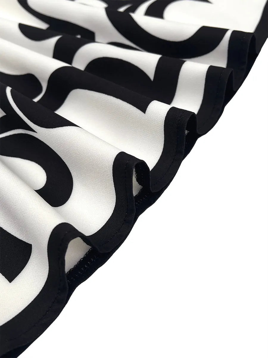 A-Line Flared Sleeves Abstract Printed Contrast Color Hollow Line Split-Joint Stand Collar Maxi Dresses
