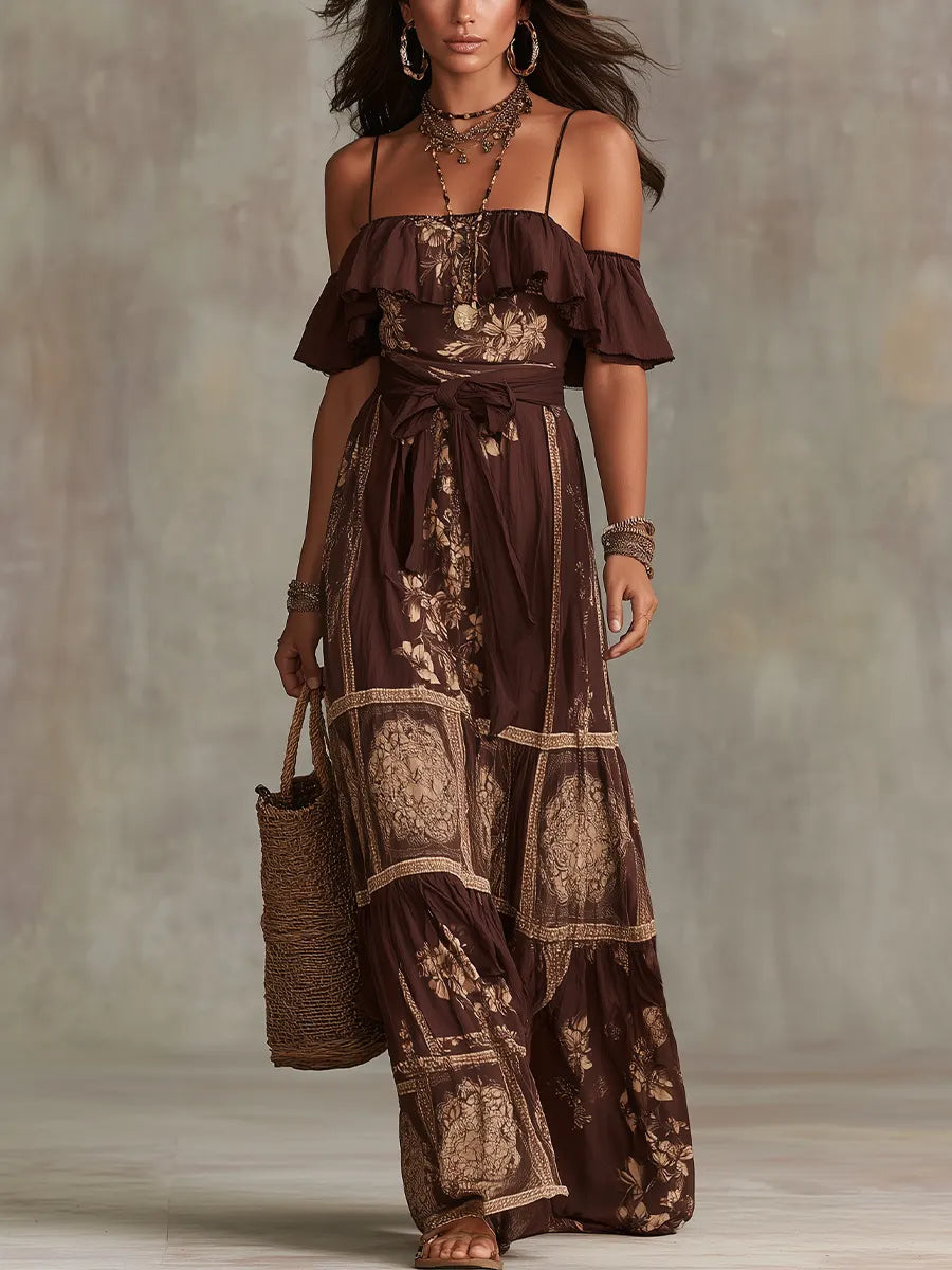 Elegant Chocolate Brown Floral Off-Shoulder Maxi Dress