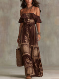 Elegant Chocolate Brown Floral Off-Shoulder Maxi Dress