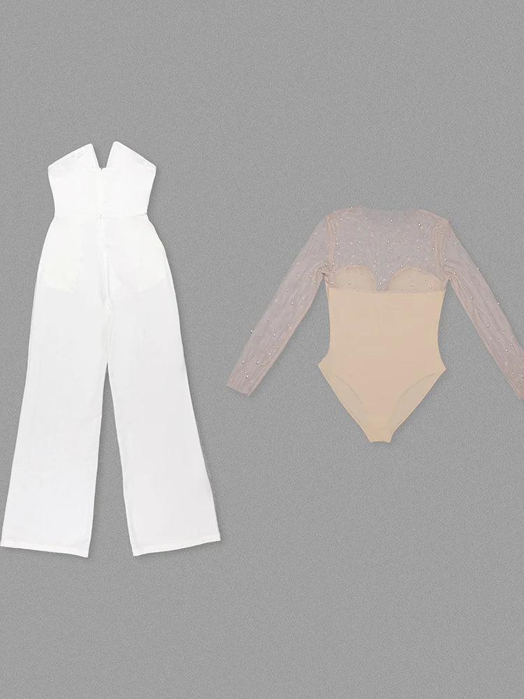 Trend4us Pearl Mesh Bodysuit and White Jumpsuit Set
