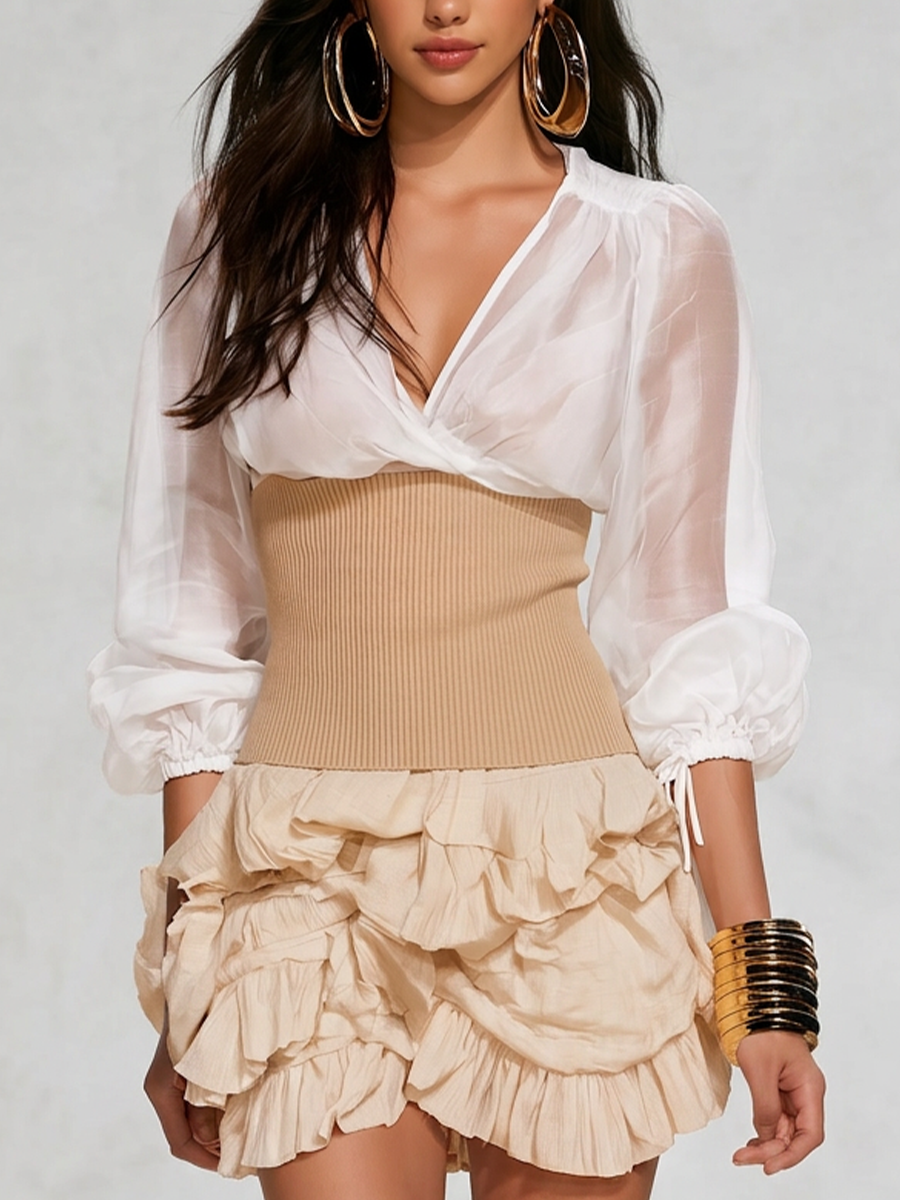 Elegant Chiffon Wrap With Ribbed Waist Corset Top