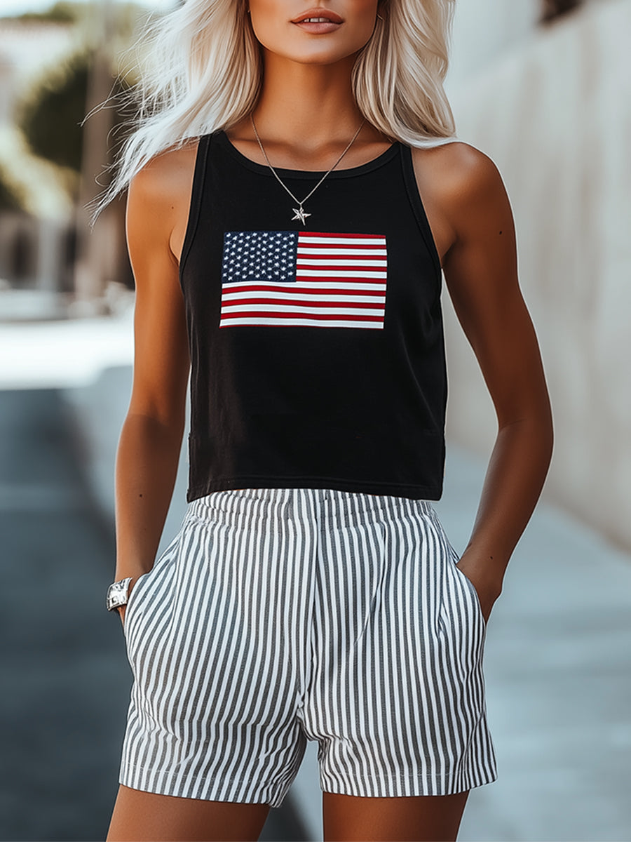[24-hour shipping out]Loose Casual Everyday Printed Top Striped Shorts Set