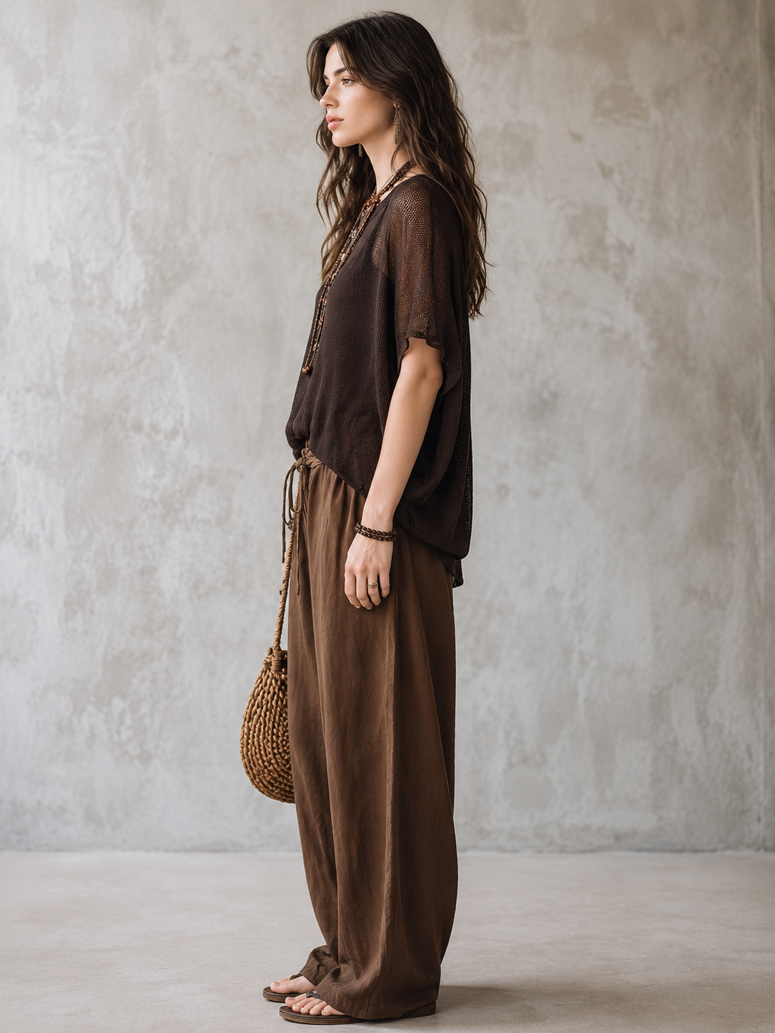 Effortless Coastal Elegance Mesh  Button-Front Boho Henley Top