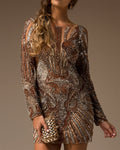 Women's Round Neck Long Sleeve Sequined Mini Dress