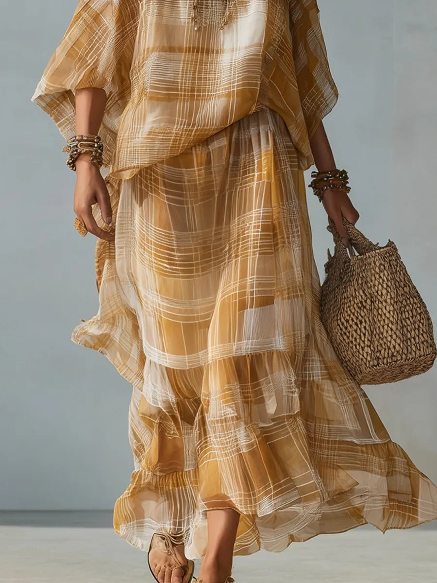 Bohemian Mustard Plaid Chiffon Two Piece Skirt Set