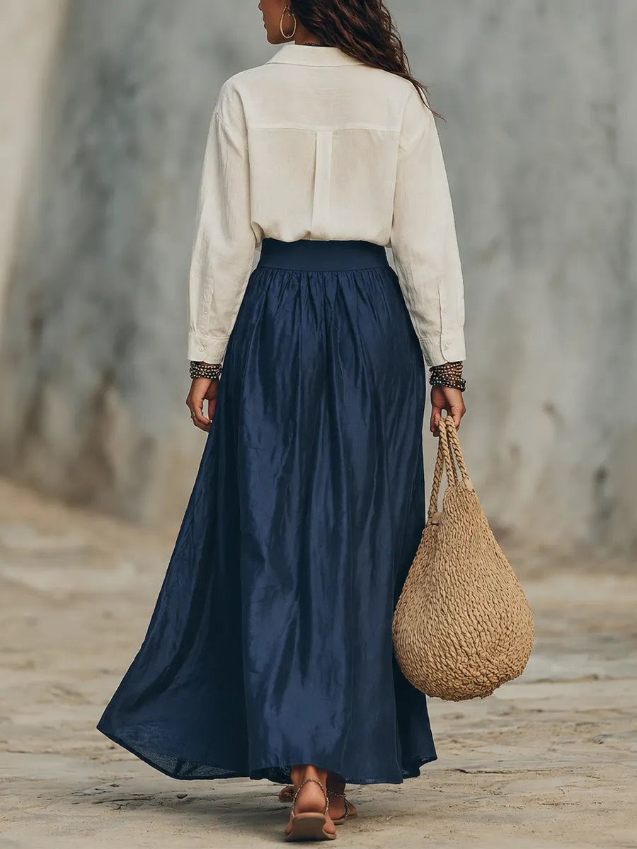 Elegant Ivory Embroidered Blouse & Navy Maxi Skirt Set