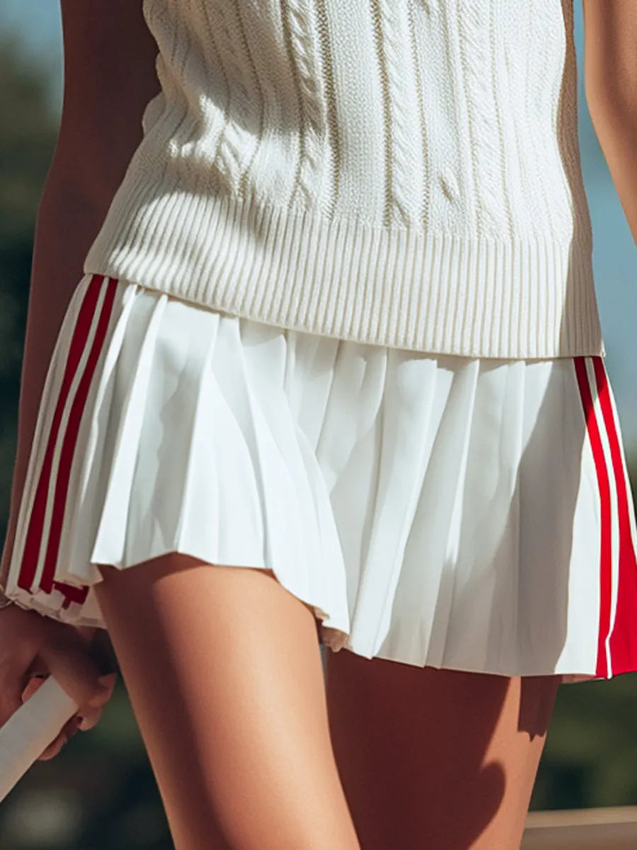 [24-hour shipping out]Retro Sports Style Stand-up Collar Pleated Sleeveless Knitted Top Pleated Skirt Suit