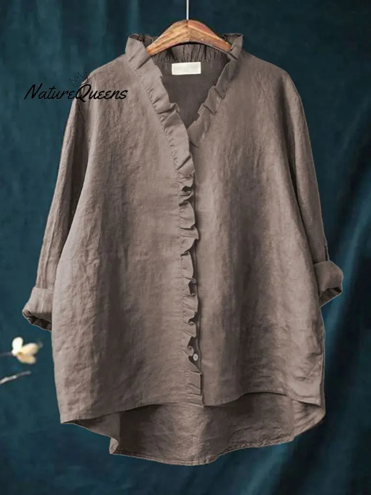 Women's Casual Cotton And Linen Ruffle Shirt