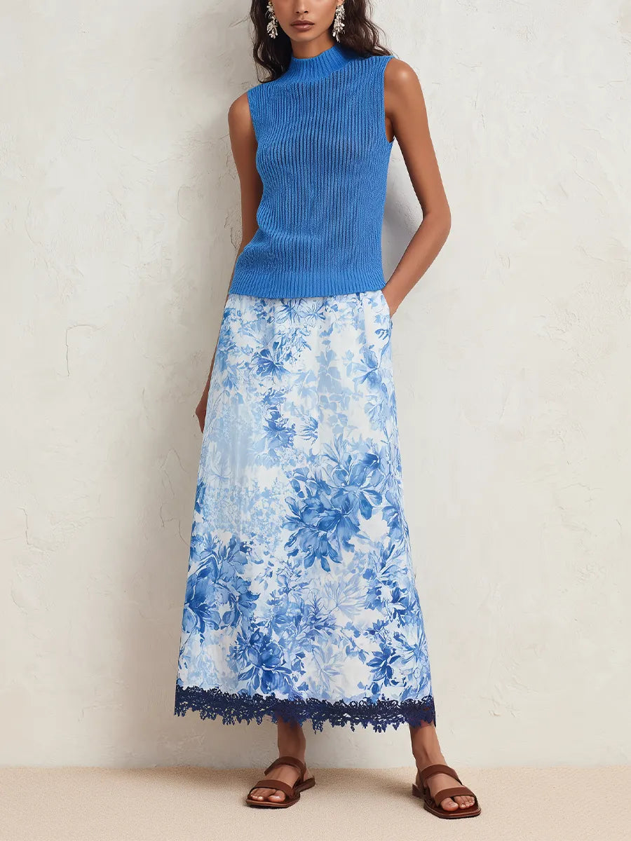 Elegant Blue Floral Print Knit Top & Midi Skirt Set