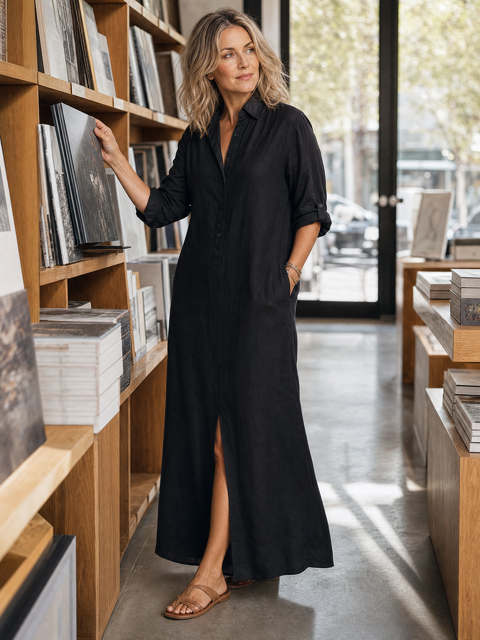 Black Button-Front Bohemian Shirt Maxi Dress