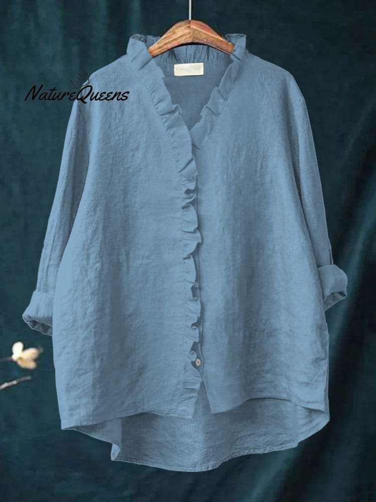 Women's Casual Cotton And Linen Ruffle Shirt