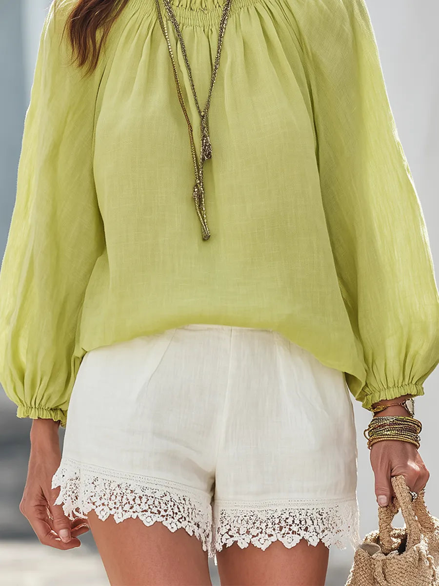 Light Green Lace-trimmed Top And Linen Shorts Set