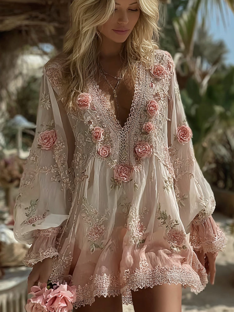 Women's Vintage Pink Floral Art V-neck Mini Dress