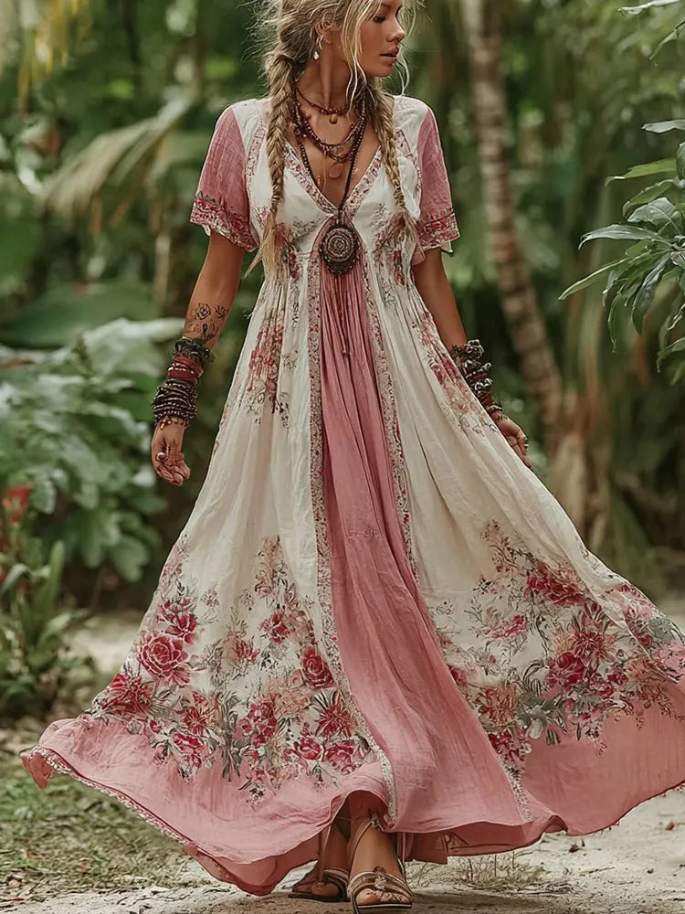 Women's Vintage Rose Floral Pattern V-neck Dress