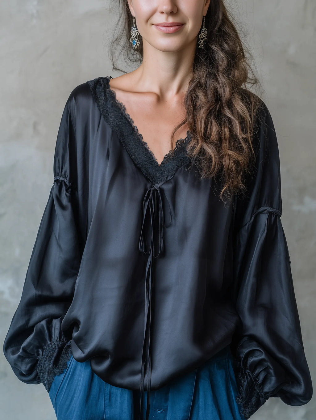 Luxurious Black Lace Trim Satin Blouse