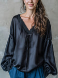 Luxurious Black Lace Trim Satin Blouse