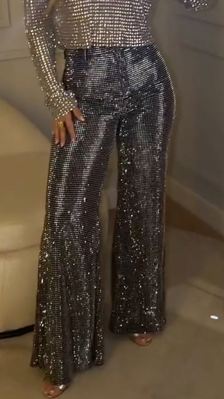 Silver Rhinestone Long Sleeve Top & High Waist Flare Pants Two Piece Set