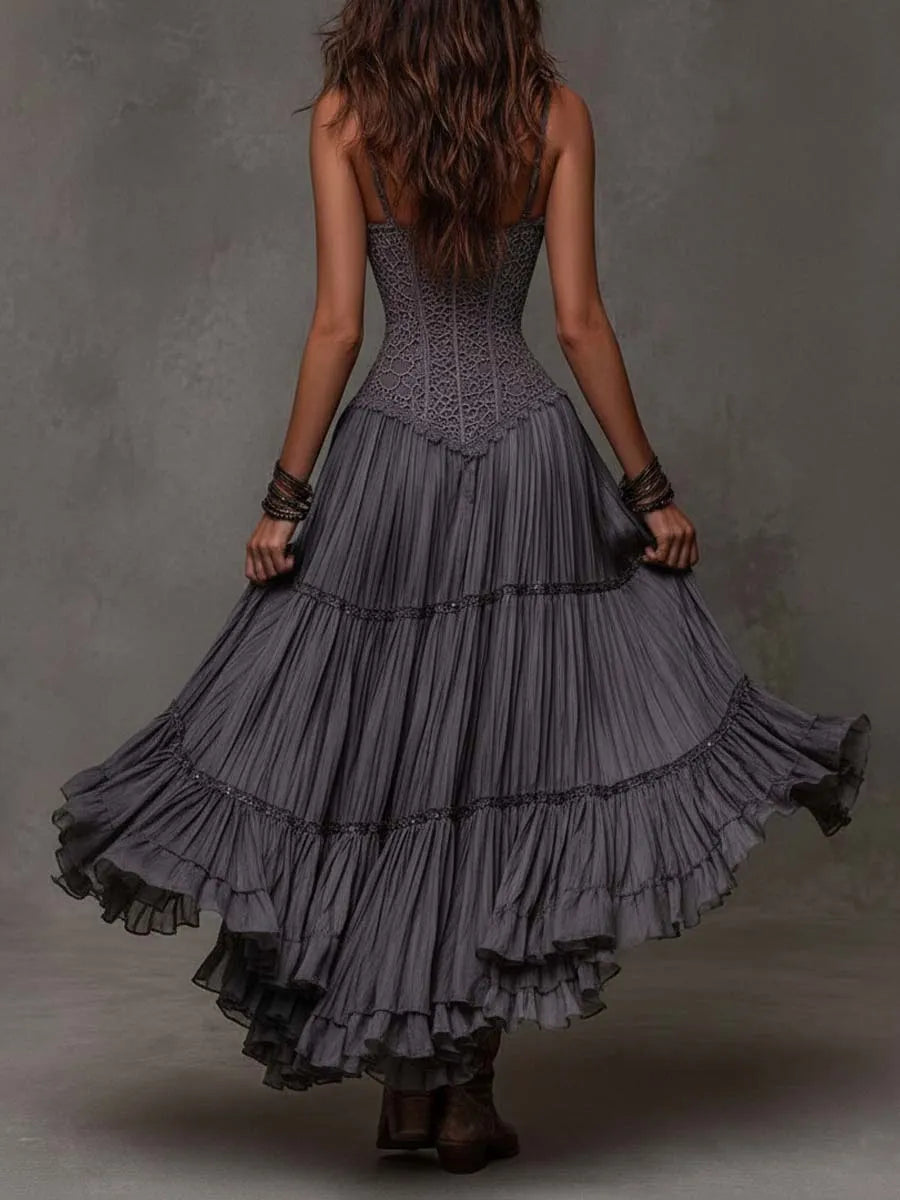 Dark Gray Lace Bodice Tiered Crinkle Maxi Dress