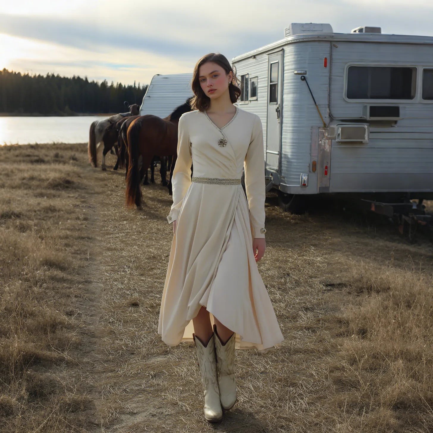 Women's Retro Western Style V-Neck Long Sleeve Dress