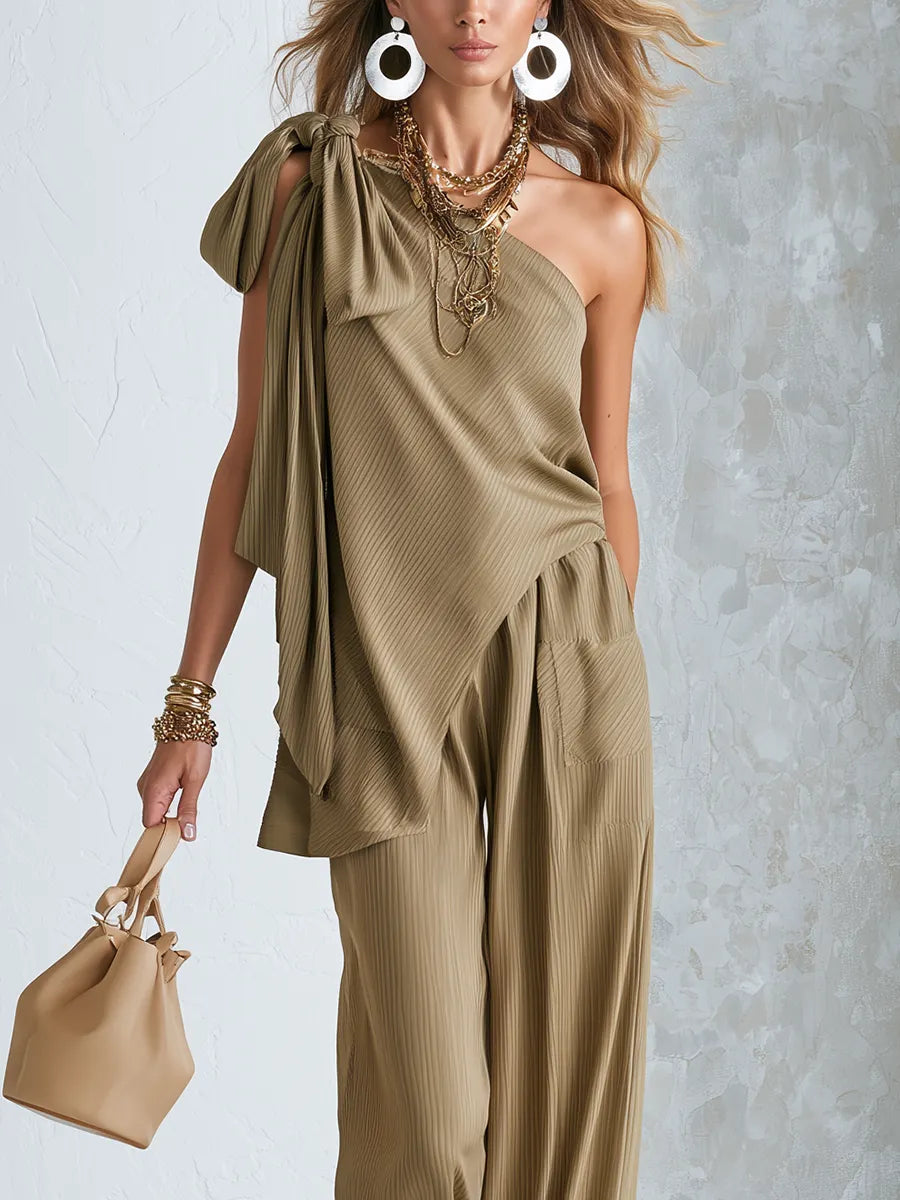 Stylish Khaki Textured One Shoulder Top And Pants Set