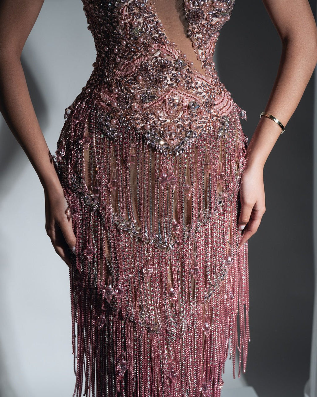 Andrée Light Pink Dress with Tassels and Crystals