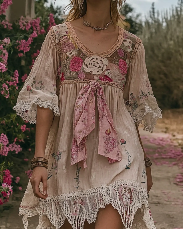 Summer Floral Embroidered Lace Patchwork Linen Mini Dress 4b1d