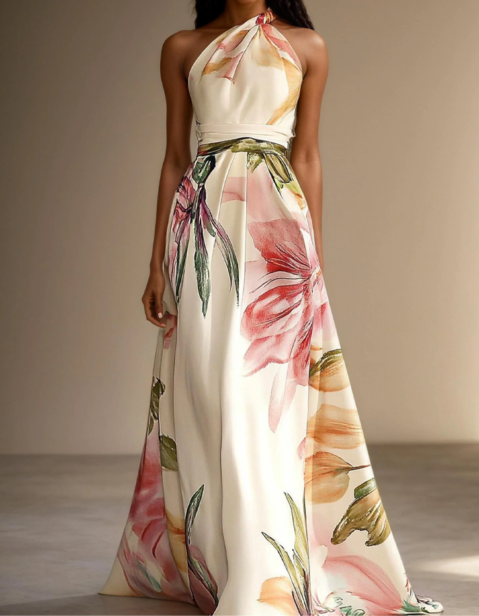 One-Shoulder Neckline With Floral Print A-Line Maxi Dress