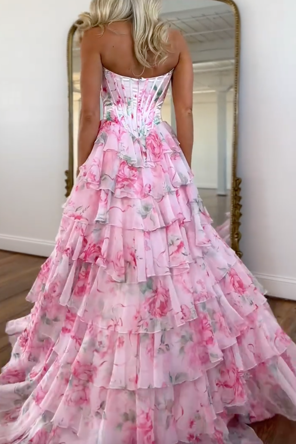 Princess A Line Sweetheart Pink Corset Prom Dress with Ruffles Appliques