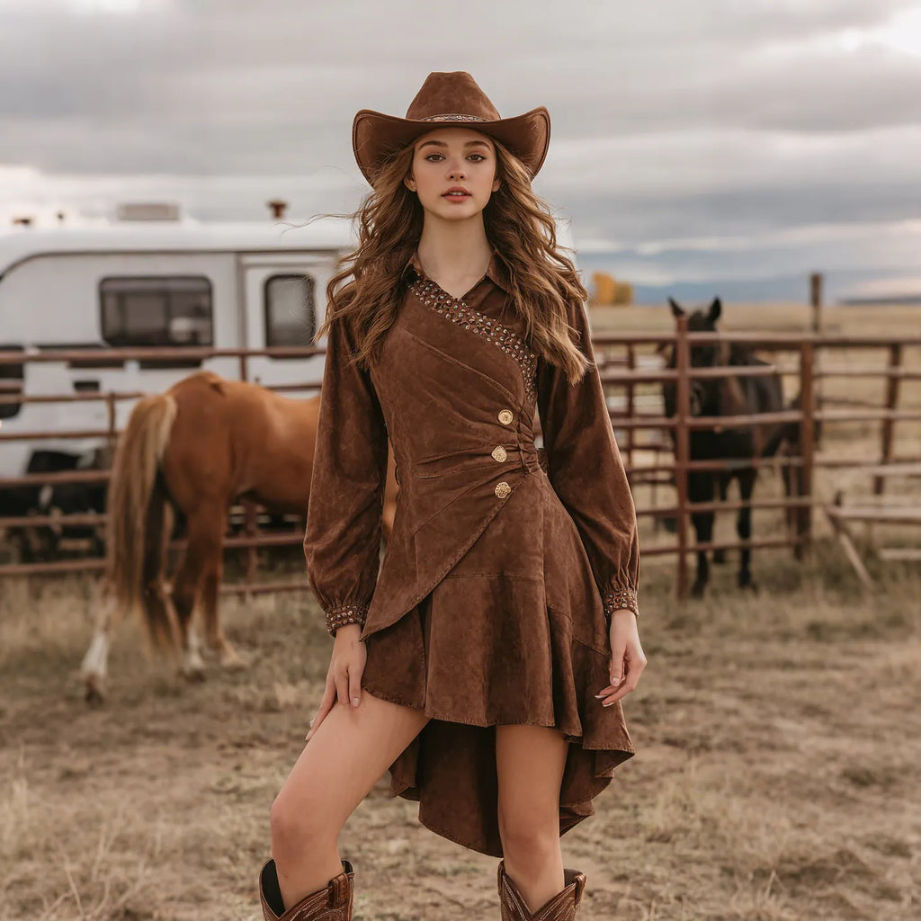 Women's Retro Western Suede V-Neck Dress With Short Front And Long Back
