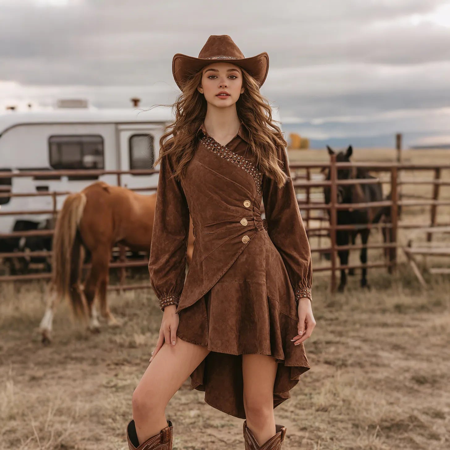 Women's Retro Western Suede V-Neck Dress With Short Front And Long Back