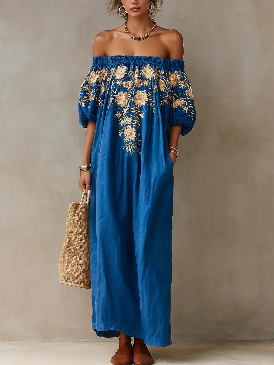 Elegant Floral Print Off-Shoulder Maxi Dress