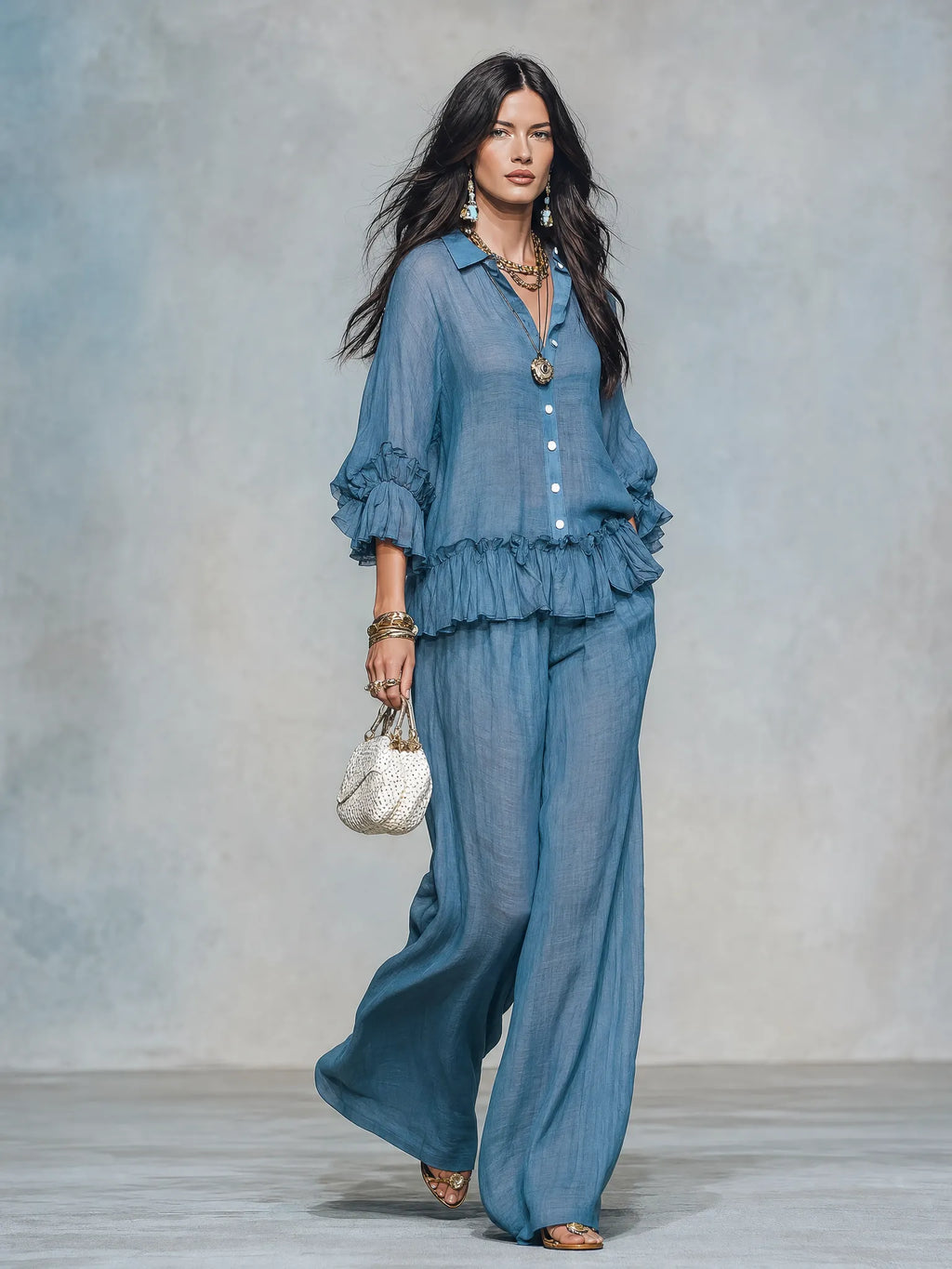 Women's Sheer Ruffle Blouse & Wide Leg Pants Two-Piece Set