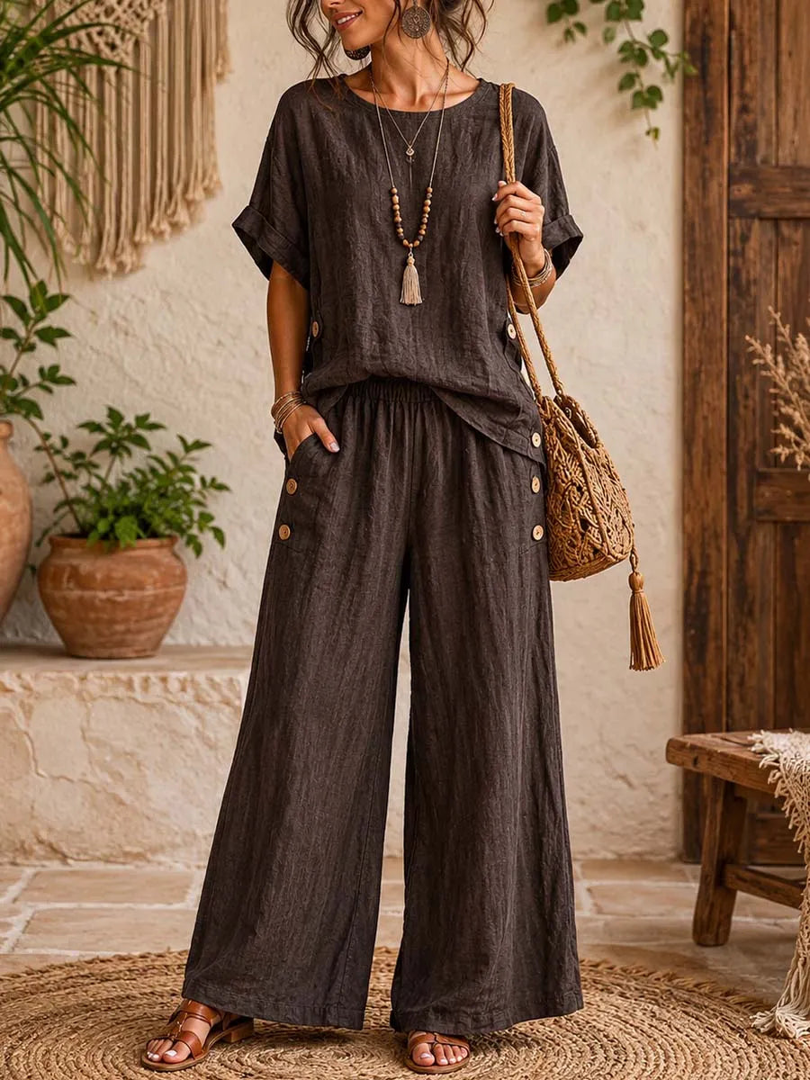 Women's Cotton-linen Set: Round-neck Short-sleeve Loose-fit Casual Top & High-waisted, Loose, Wide-leg Pants