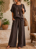 Women's Cotton-linen Set: Round-neck Short-sleeve Loose-fit Casual Top & High-waisted, Loose, Wide-leg Pants
