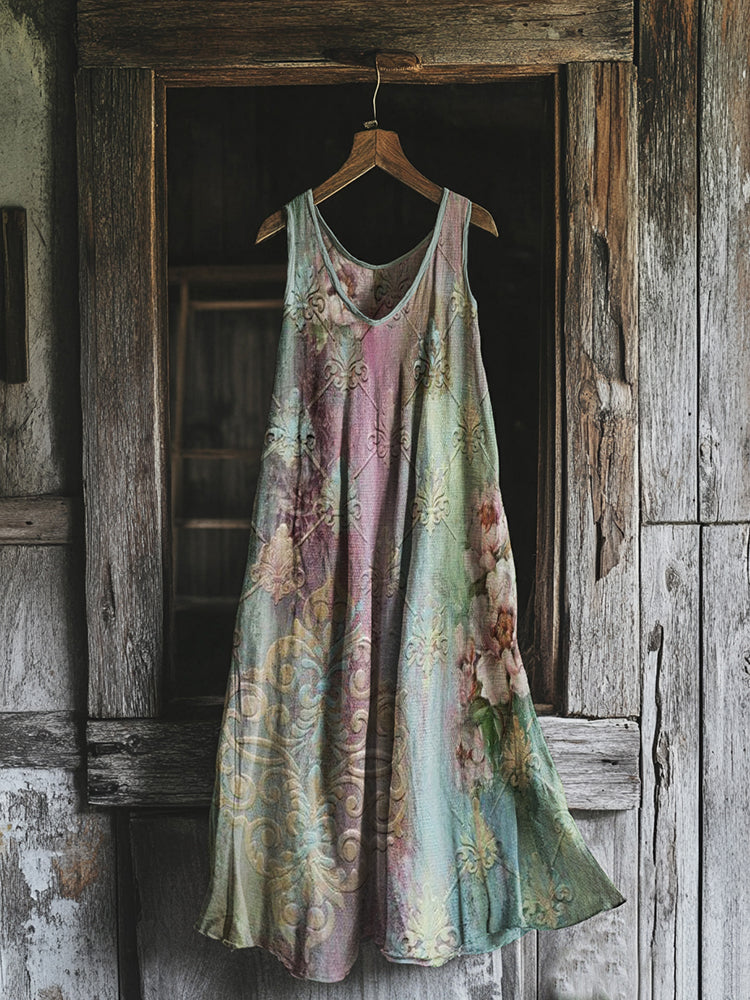 Vintage Flower Art Linen Blend Tank Midi Dress