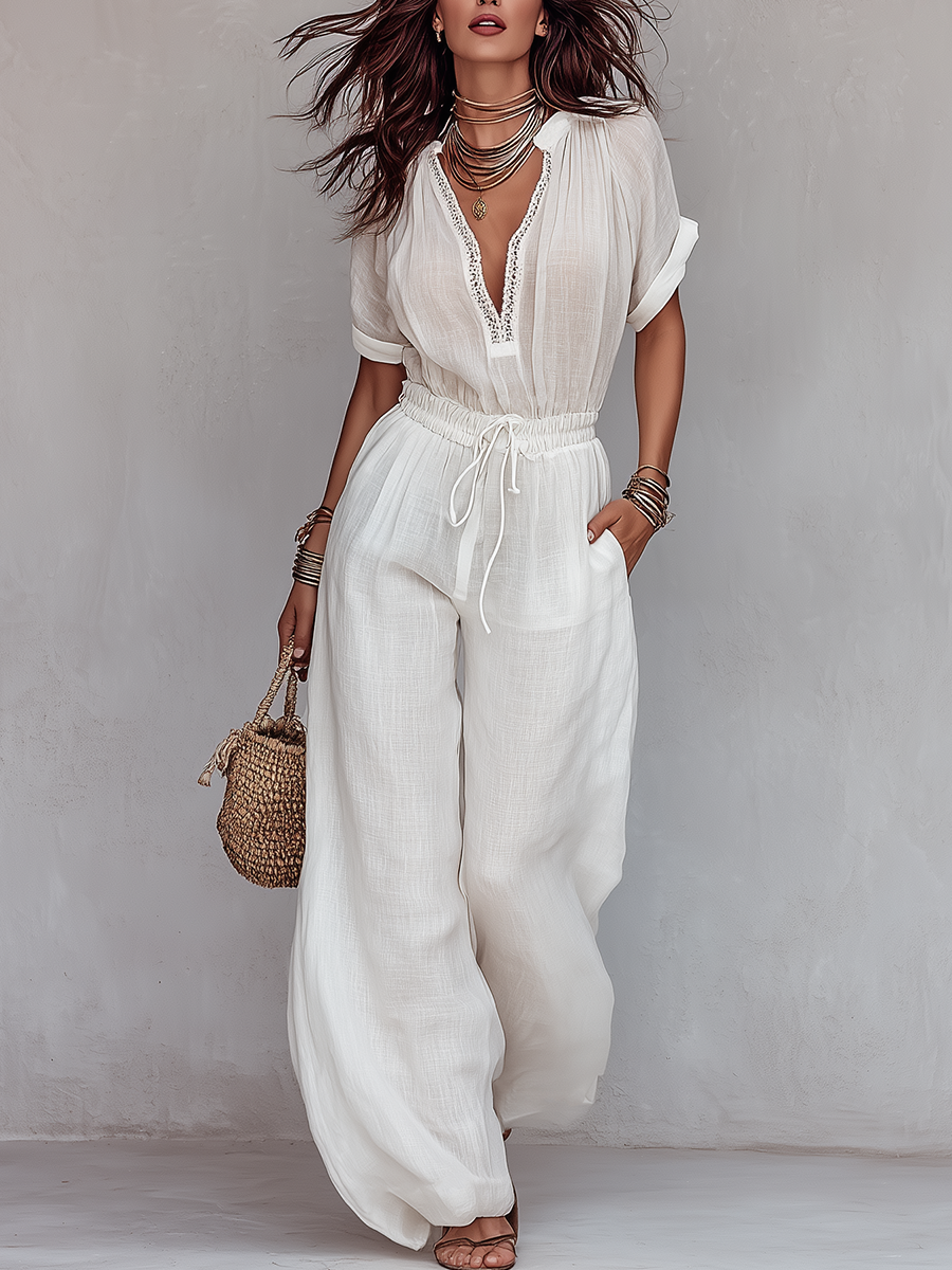 Lightweight White Drawstring Waist Wide-Leg Set