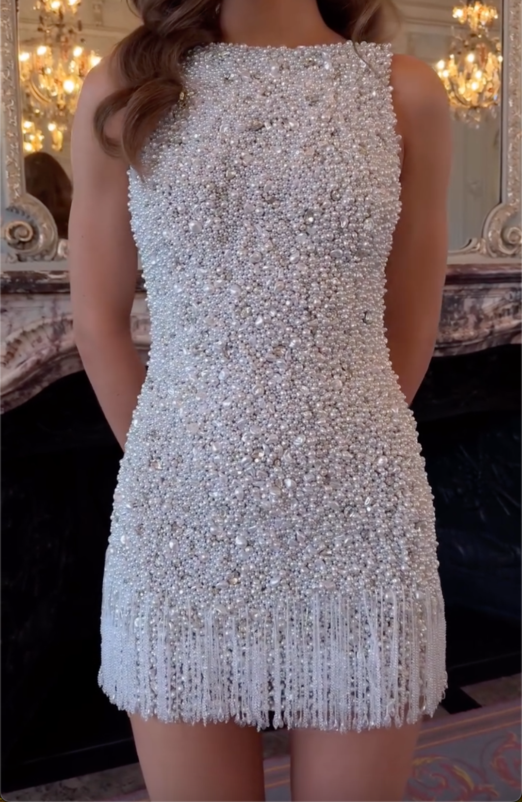White Pearl Beaded Mini Dress with Fringe Hem